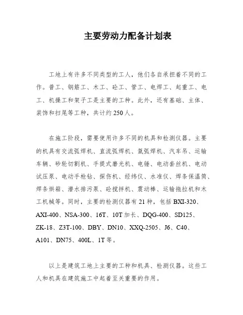 主要劳动力配备计划表