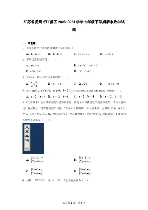 江苏省扬州市江都区2023-2024学年七年级下学期期末数学试题