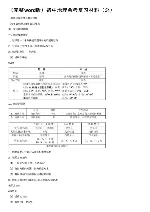 （完整word版）初中地理会考复习材料（总）