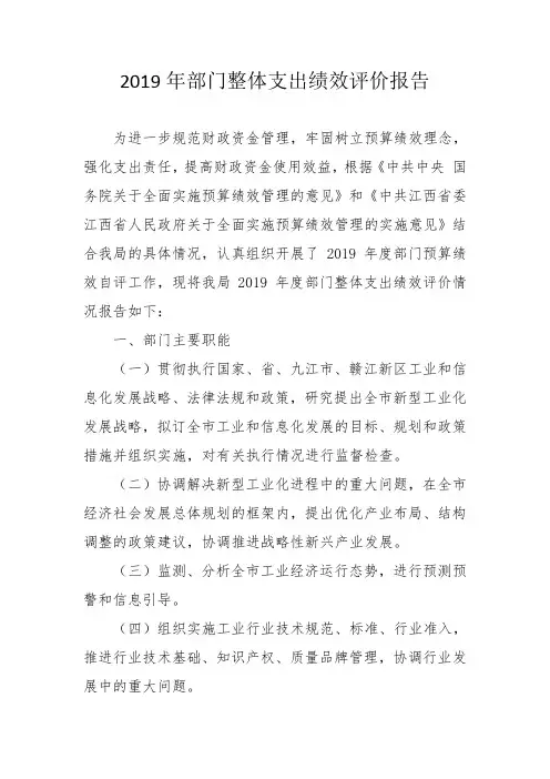 2019年部门整体支出绩效评价报告