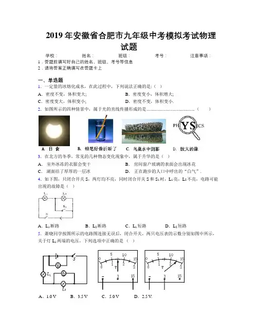 最新2019年安徽省合肥市九年级中考模拟考试物理试题及解析