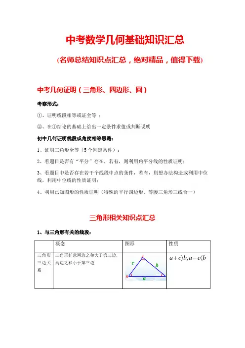 2019年中考数学几何基础知识汇总