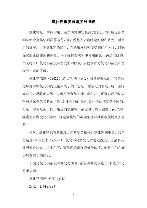 氯化钙浓度与密度对照表