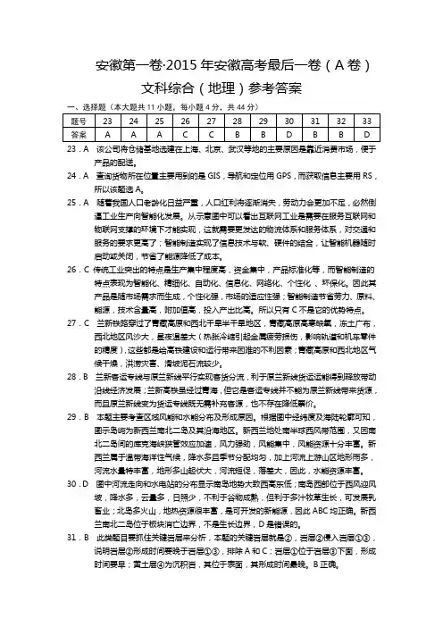 2015年安徽高考最后一卷(A卷) 文综 地理答案