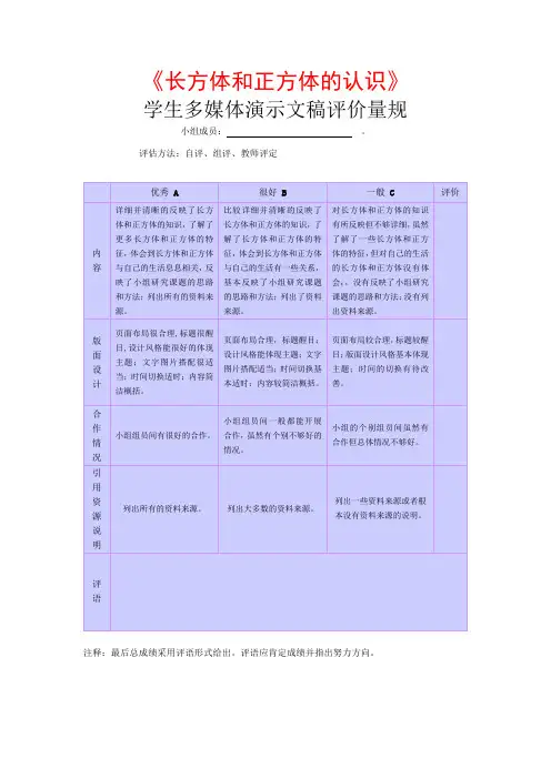 学生演示文稿评价量规_长方体和正方体的认识