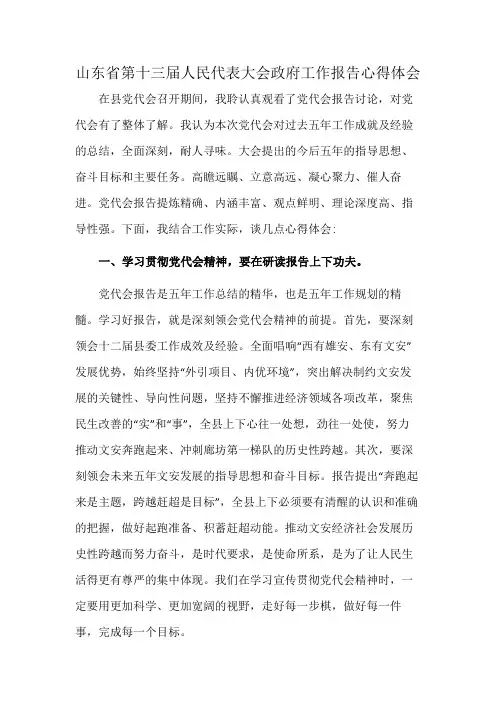 山东省第十三届人民代表大会政府工作报告心得体会