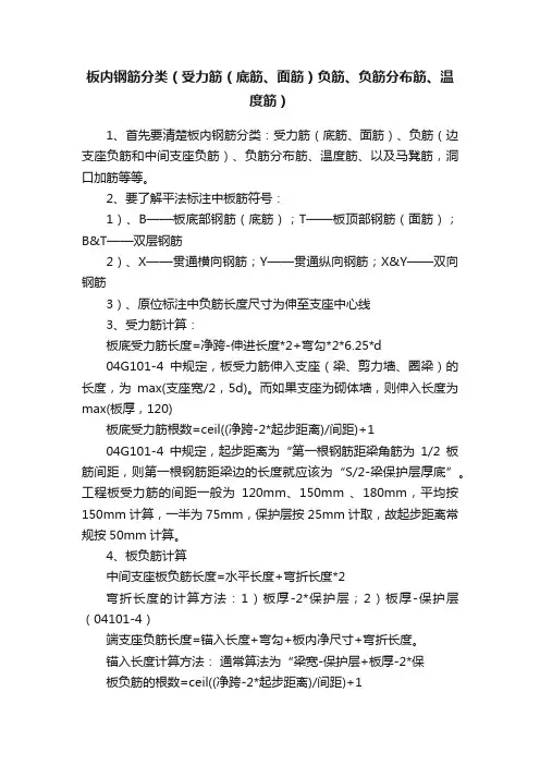 板内钢筋分类（受力筋（底筋、面筋）负筋、负筋分布筋、温度筋）