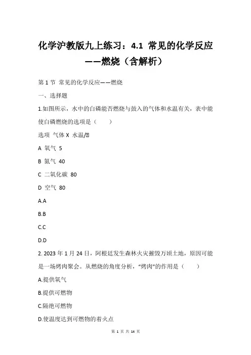 化学沪教版九上练习：4.1 常见的化学反应——燃烧(含解析)