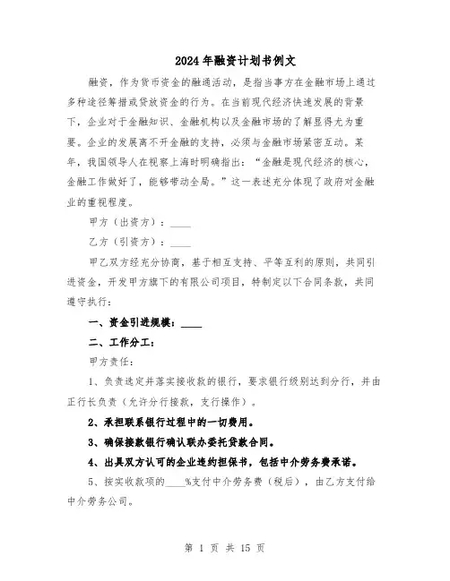 2024年融资计划书例文（五篇）