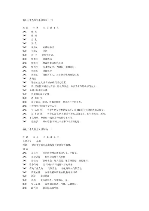 婚礼工作人员分工明细表