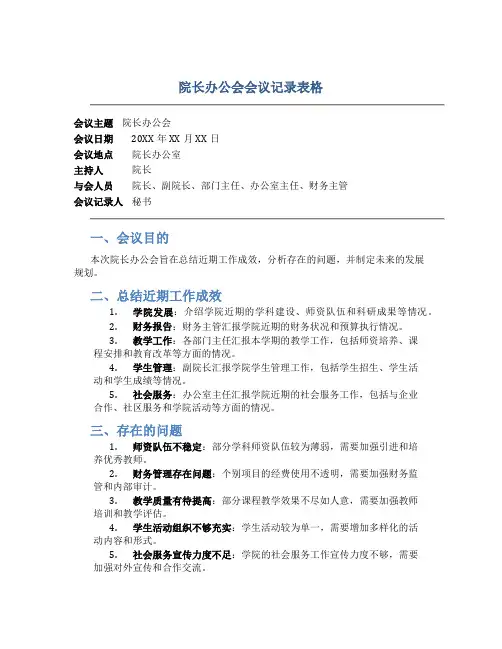院长办公会会议记录表格