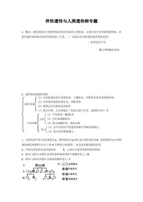 伴性遗传与人类遗传病专题练习题-及答案