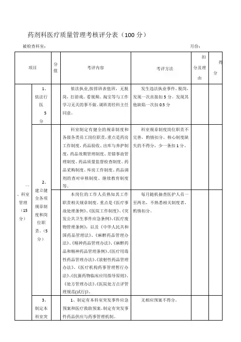 药剂科医疗质量管理考核评分表