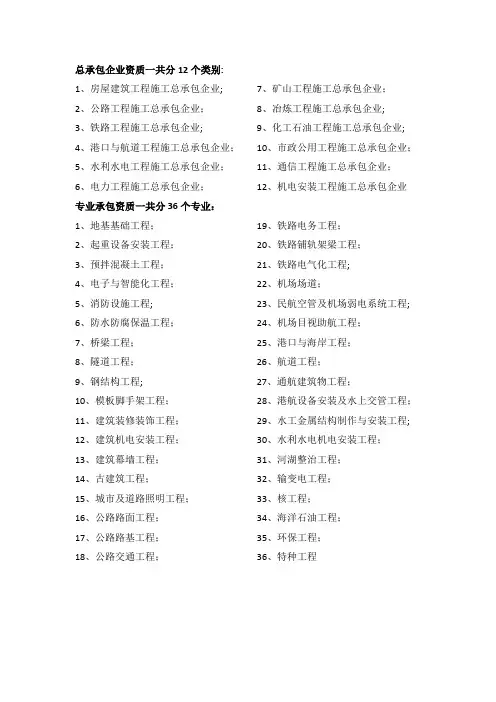 施工总承包和专业承包资质类别