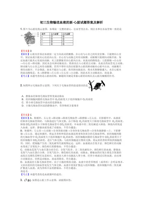初三生物输送血液的泵-心脏试题答案及解析
