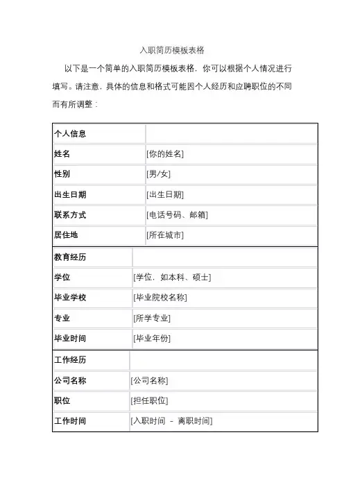 入职简历模板表格
