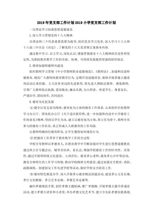 2019年党支部工作计划 2019小学党支部工作计划 精品