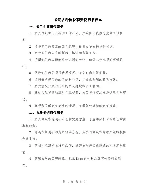公司各种岗位职责说明书范本