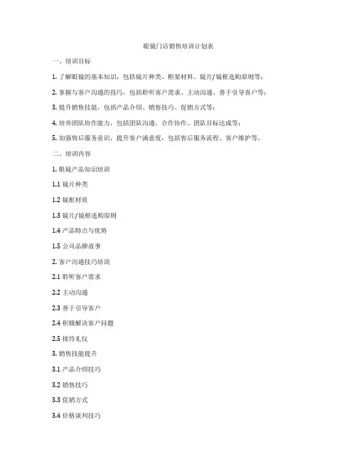 眼镜门店销售培训计划表