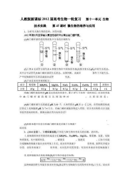 人教版新课标2012届高考生物一轮复习   第十一单元 生物技术实践    第45课时 微生物的培养与应用