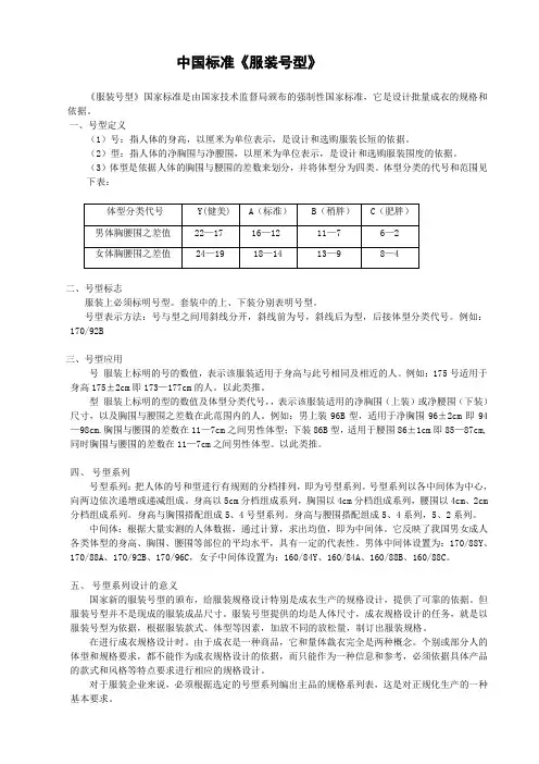 中国标准《服装号型》