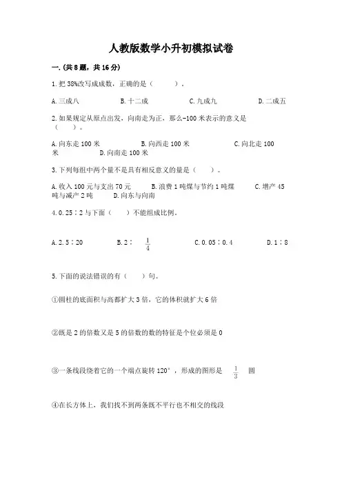 人教版数学小升初模拟试卷完整答案