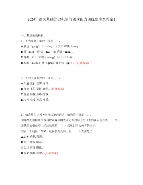 2024年语文基础知识积累与阅读能力训练题库及答案1