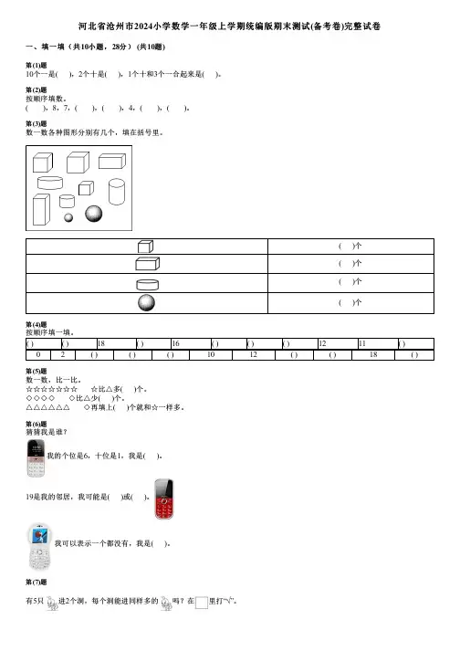 河北省沧州市2024小学数学一年级上学期统编版期末测试(备考卷)完整试卷