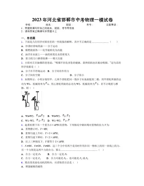 2023年河北省邯郸市中考物理一模试卷附解析