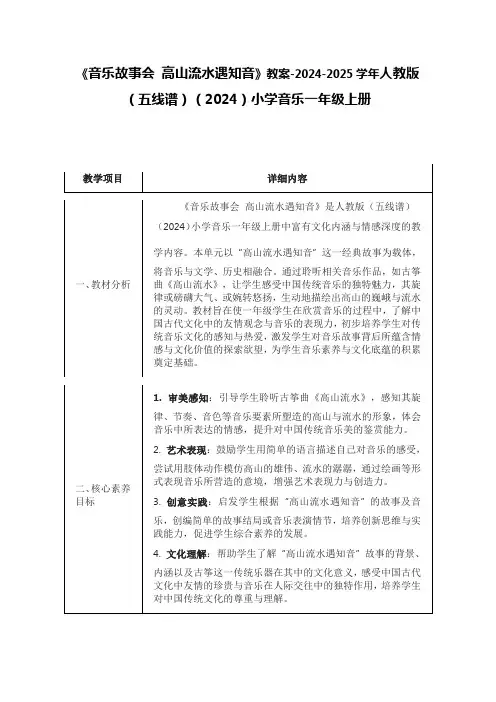 《音乐故事会 高山流水遇知音》教案-2024-2025学年人教版(五线谱)(2024)音乐一年级上册
