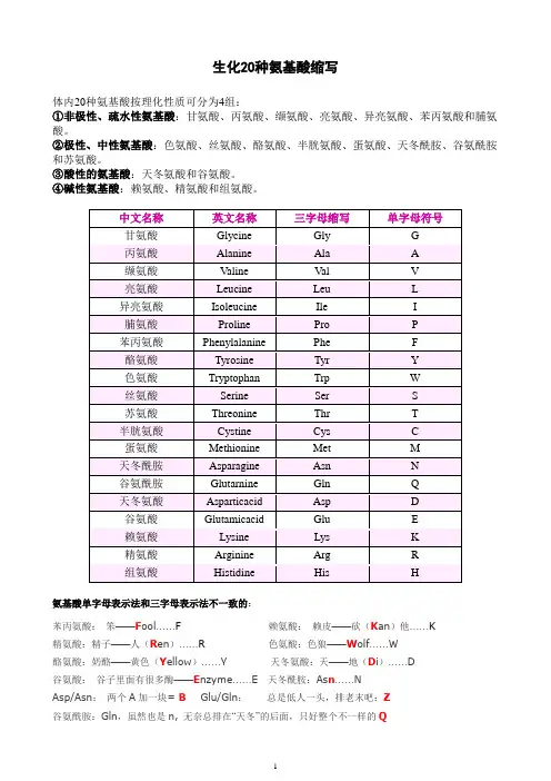 20种常见氨基酸的名称和结构式