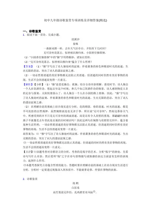 初中九年级诗歌鉴赏专项训练及详细答案(精选)