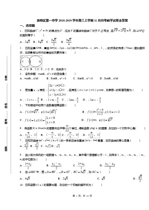 崇明区第一中学2018-2019学年高三上学期11月月考数学试卷含答案