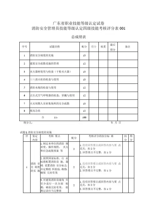 广东省职业技能等级认定试卷 消防安全管理员实操四级(中级) 操作技能试卷评分记录表1