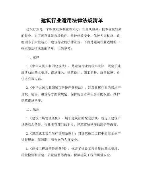 建筑行业适用法律法规清单