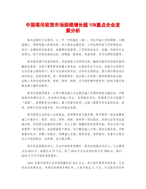中国塔吊租赁市场规模增长超10%重点企业发展分析
