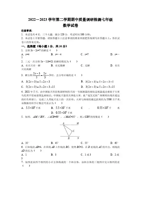 河南省洛阳市伊川县2022-2023学年七年级下学期期中数学试题(含答案)