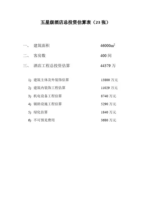 102664五星级酒店总投资估算表104217772重点