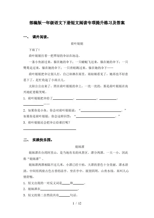 部编版一年级语文下册短文阅读专项提升练习及答案