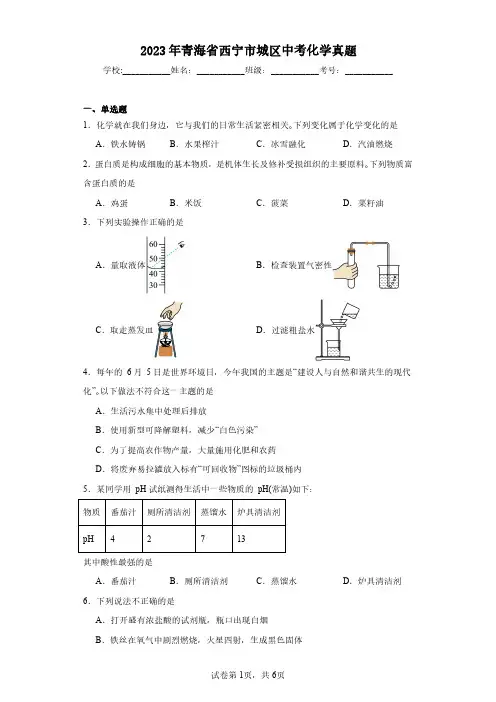 2023年青海省西宁市城区中考化学真题(含答案解析)