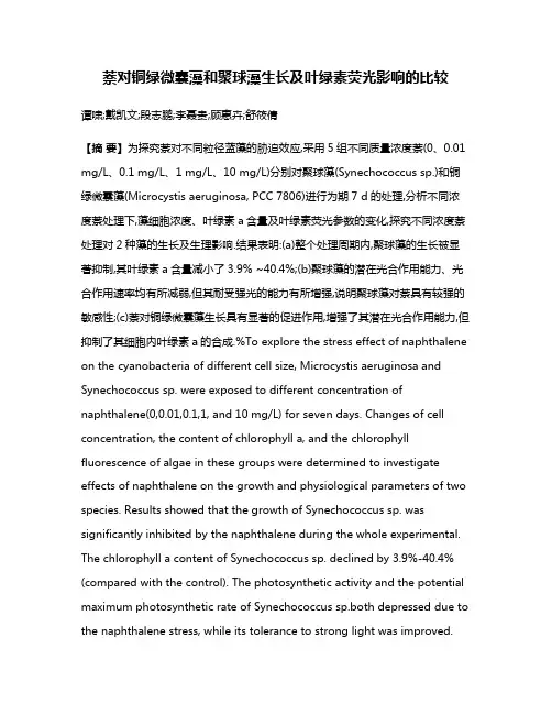 萘对铜绿微囊藻和聚球藻生长及叶绿素荧光影响的比较