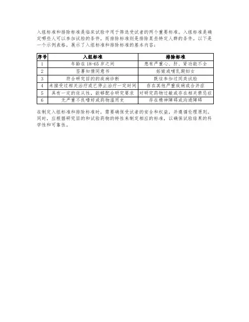 入组标准和排除标准表格