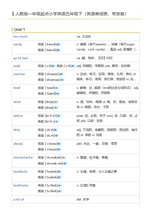 人教版一年级起点小学英语五年级下(英语单词表)