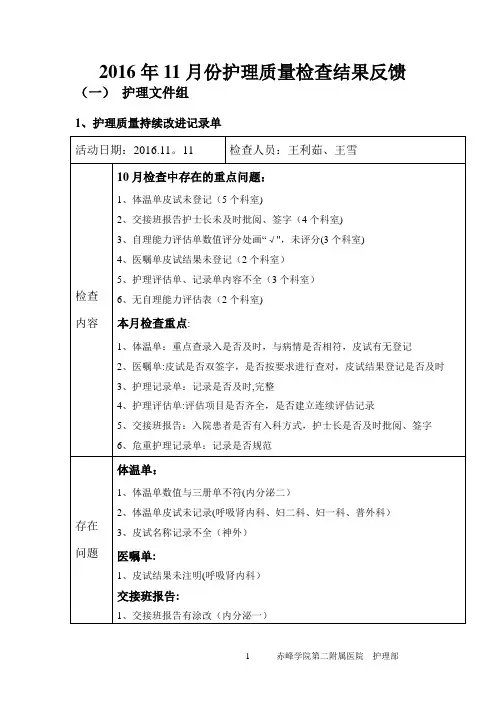 2016年11月份护理质量检查结果反馈