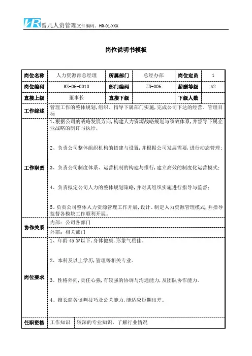 人力资源部总经理岗位说明书JD模板