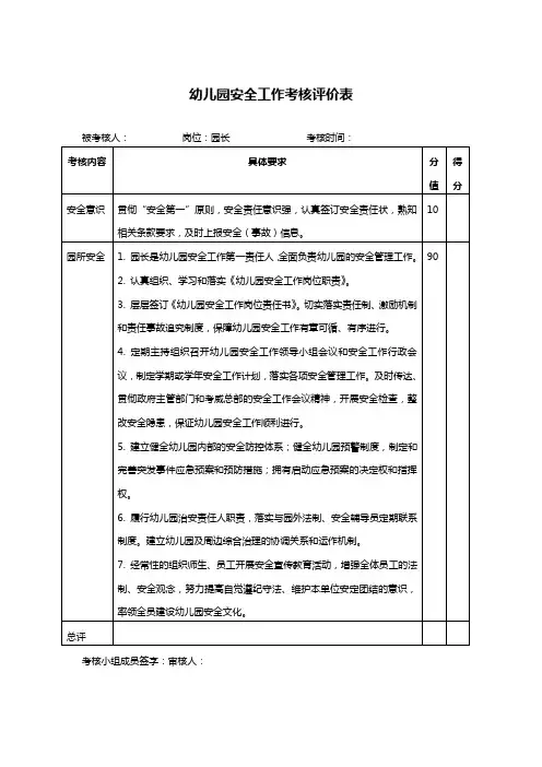 幼儿园园长安全工作考核评价表