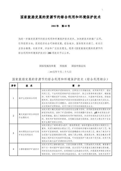国家鼓励发展规划的资源节约综合利用和环境保护技术-(国发改委科技部环保部2005第65号)