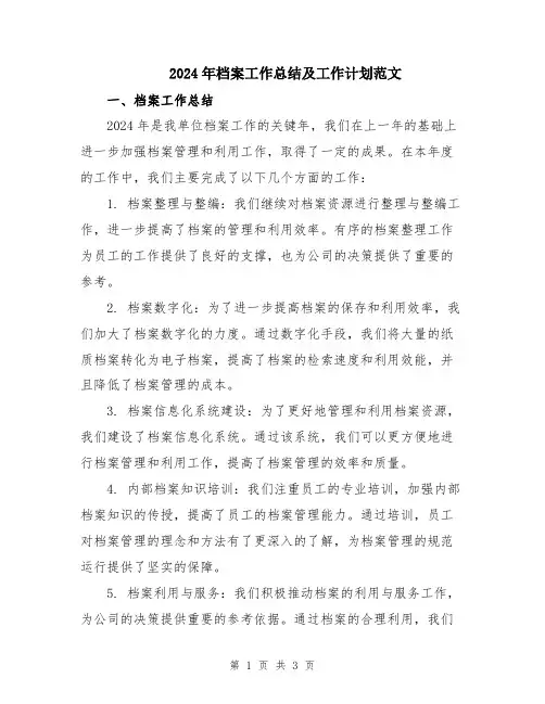 2024年档案工作总结及工作计划范文