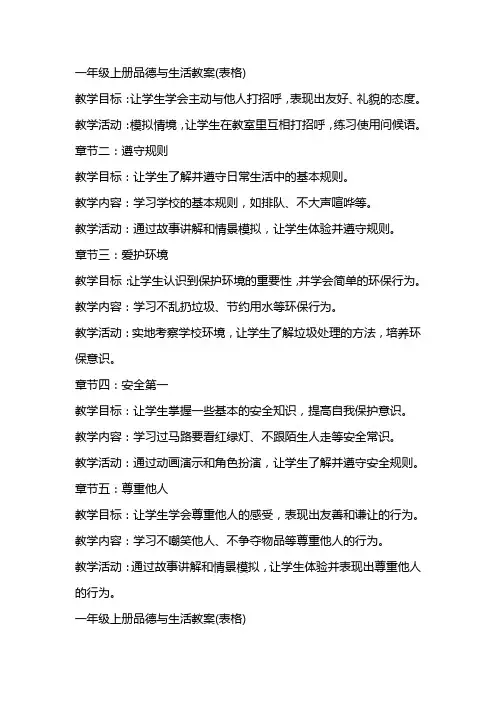 一年级上册品德与生活教案(表格)