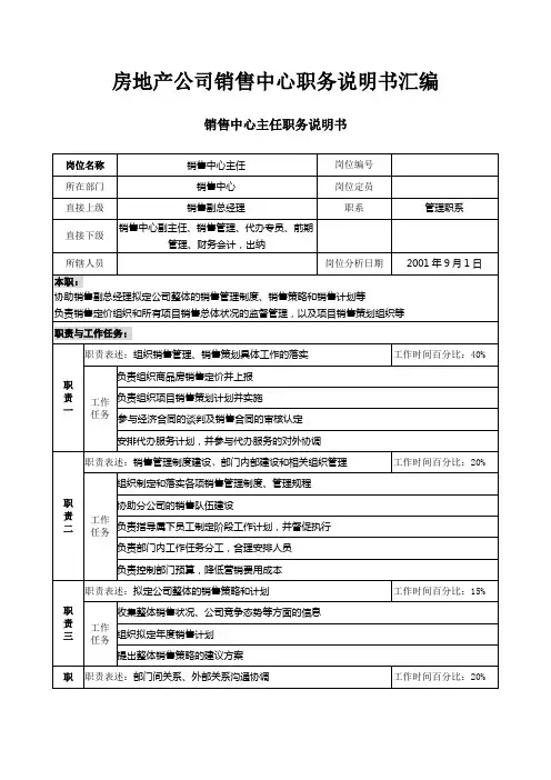 房地产公司销售中心职务说明书汇编